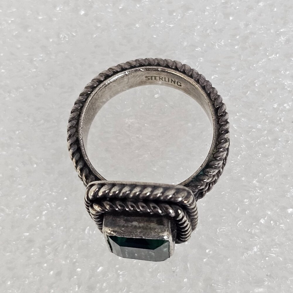 Vtg Sterling Silver Green Quartz Ring Size 7 Square Textured Rope Band Chunky - Picture 8 of 16